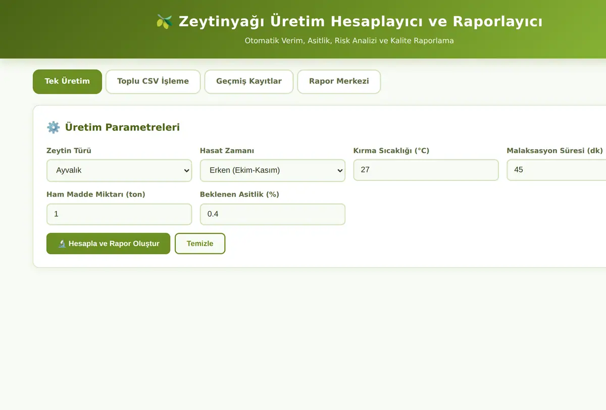 Zeytinyağı Üretim Hesaplayıcı ve Raporlayıcı ekran görüntüsü