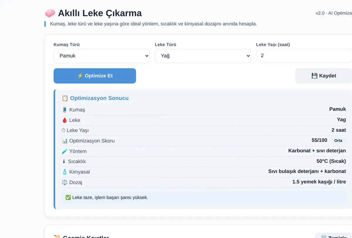 Akıllı Leke Çıkarma Optimizasyon Hesaplayıcısı ekran görüntüsü