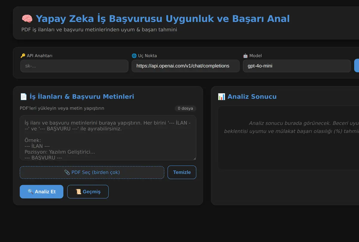 Yapay Zeka İş Başvurusu Uygunluk ve Başarı Anal ekran görüntüsü