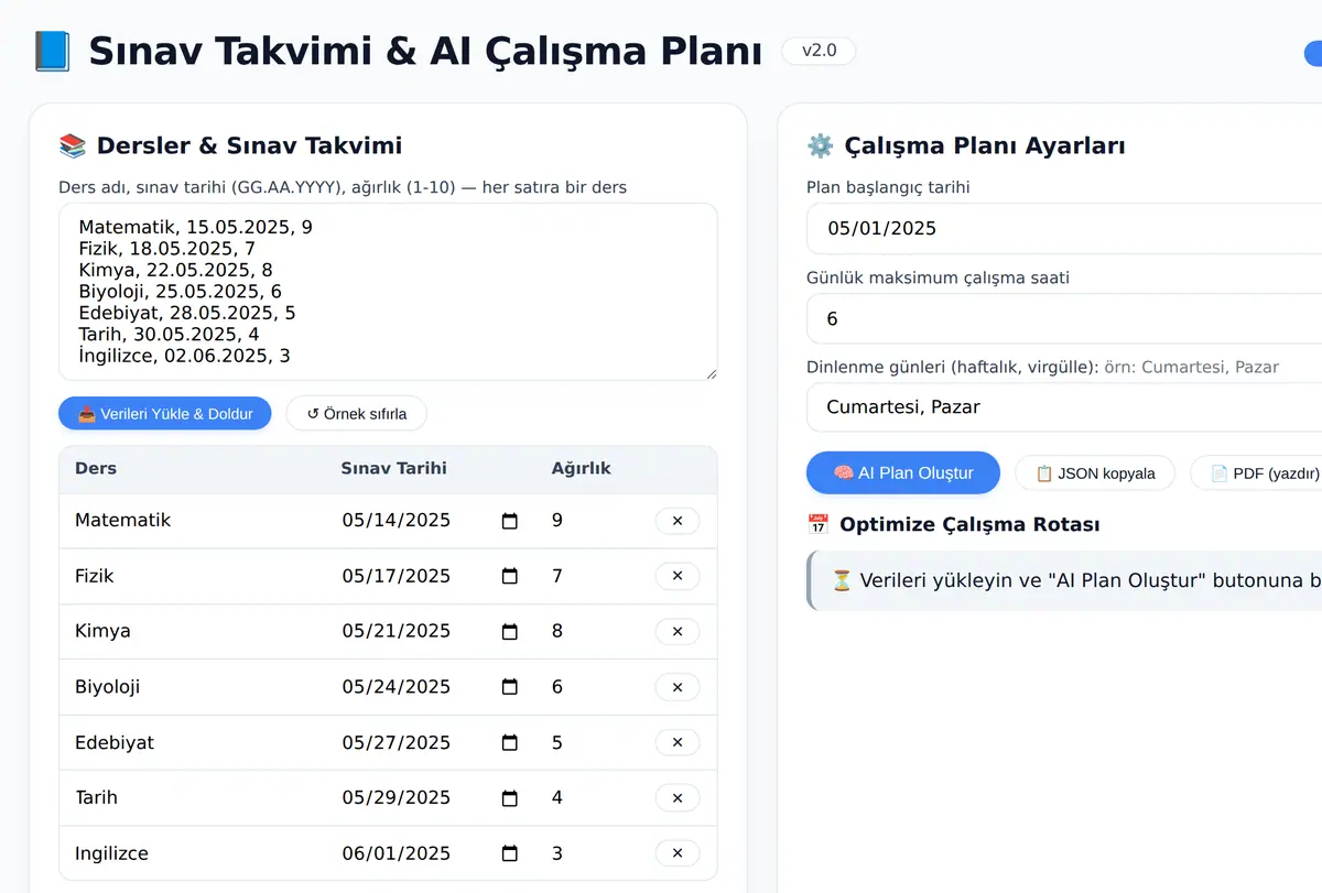 Sınav Takvimi & AI Çalışma Planı Oluşturucu ekran görüntüsü