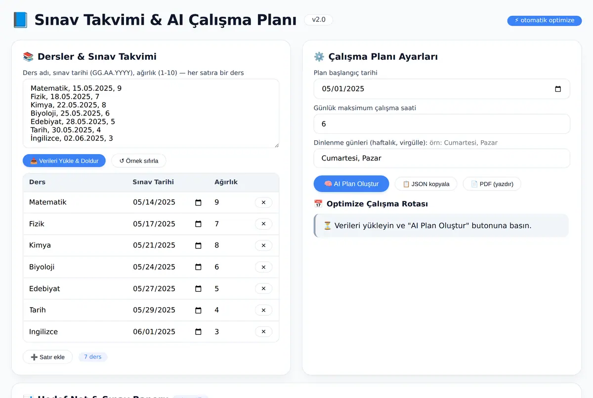 Sınav Takvimi & AI Çalışma Planı Oluşturucu ekran görüntüsü 2