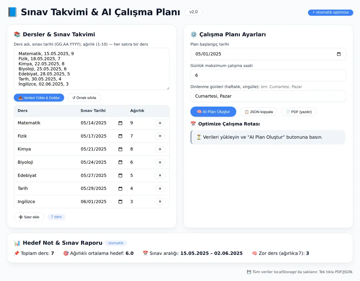 Sınav Takvimi & AI Çalışma Planı Oluşturucu ekran görüntüsü 3