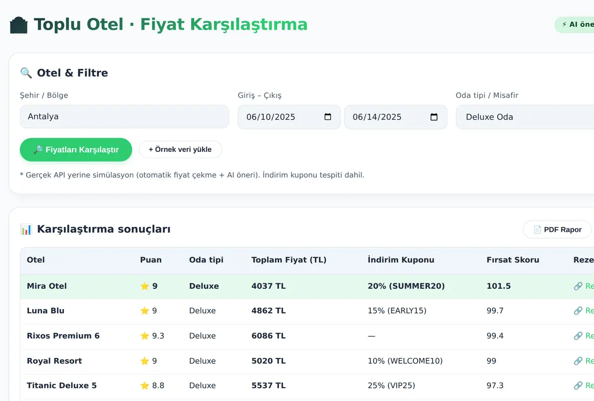 Toplu Otel Rezervasyonu Fiyat Karşılaştırma ekran görüntüsü