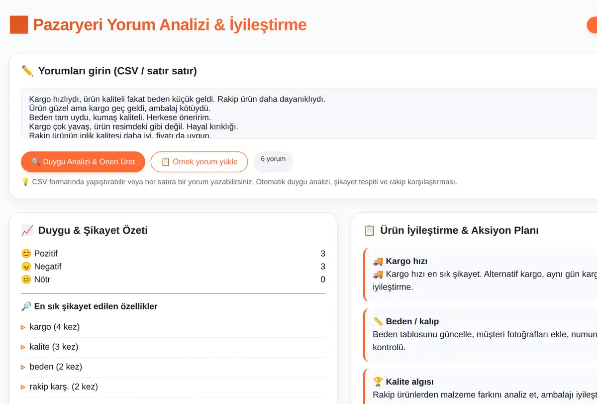 Pazaryeri Yorum Analizi ve Ürün İyileştirme Aracı ekran görüntüsü