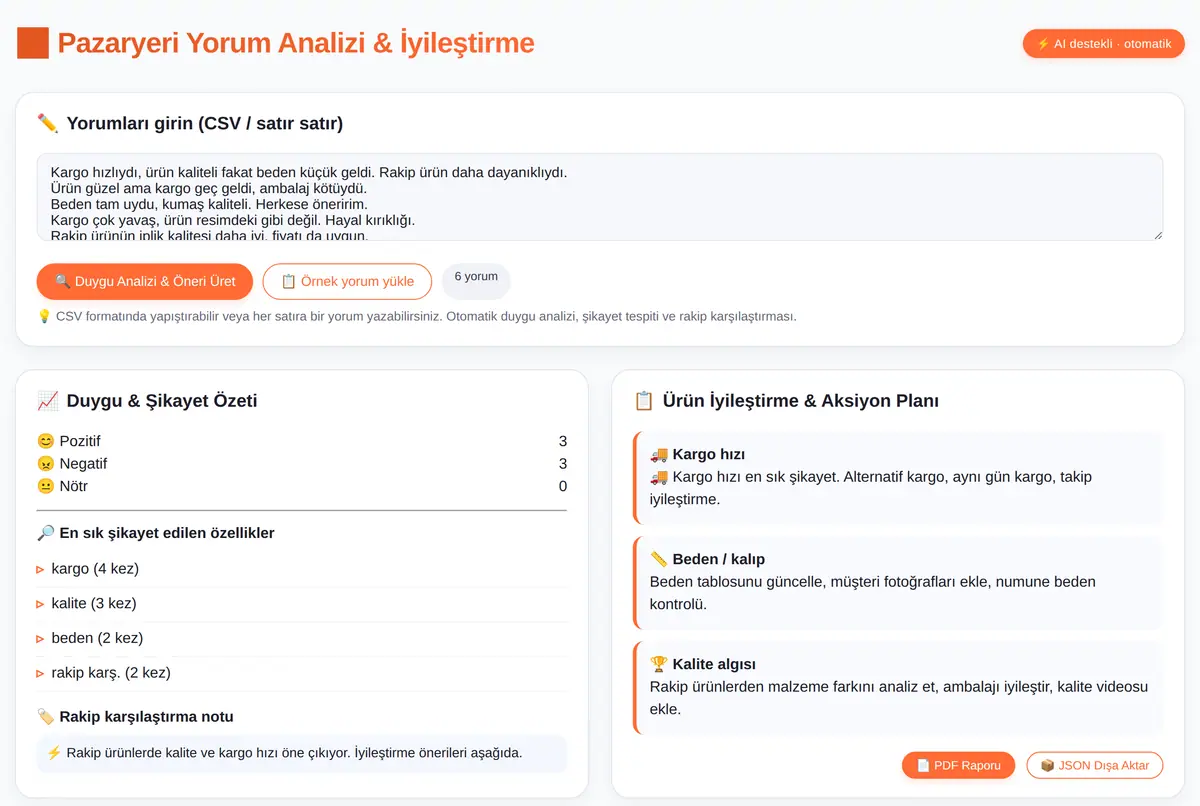 Pazaryeri Yorum Analizi ve Ürün İyileştirme Aracı ekran görüntüsü 2