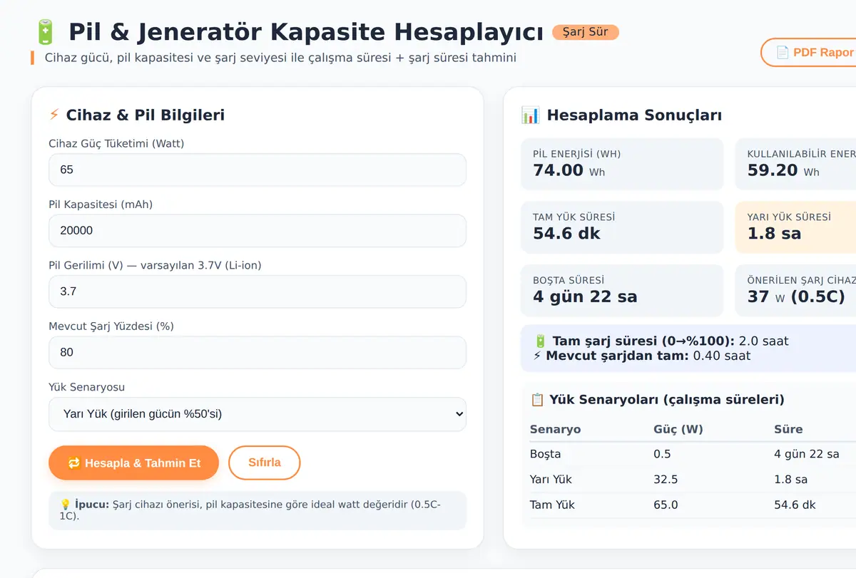 Pil & Jeneratör Kapasite Hesaplayıcı - Şarj Sür ekran görüntüsü