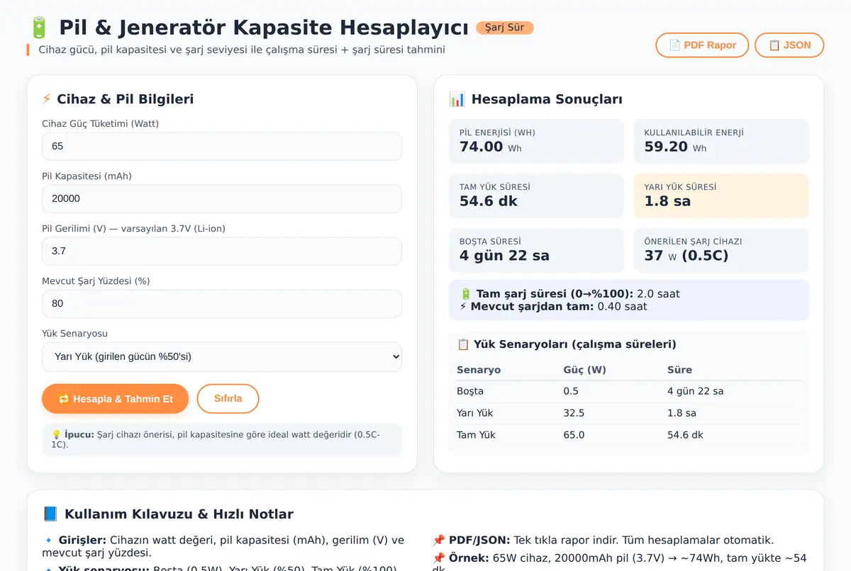 Pil & Jeneratör Kapasite Hesaplayıcı - Şarj Sür ekran görüntüsü 2
