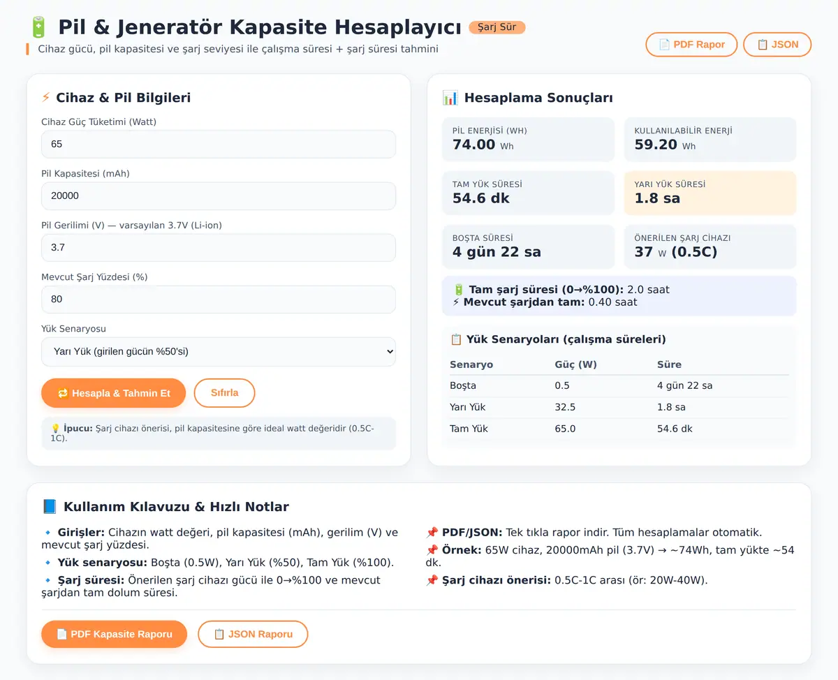 Pil & Jeneratör Kapasite Hesaplayıcı - Şarj Sür ekran görüntüsü 3