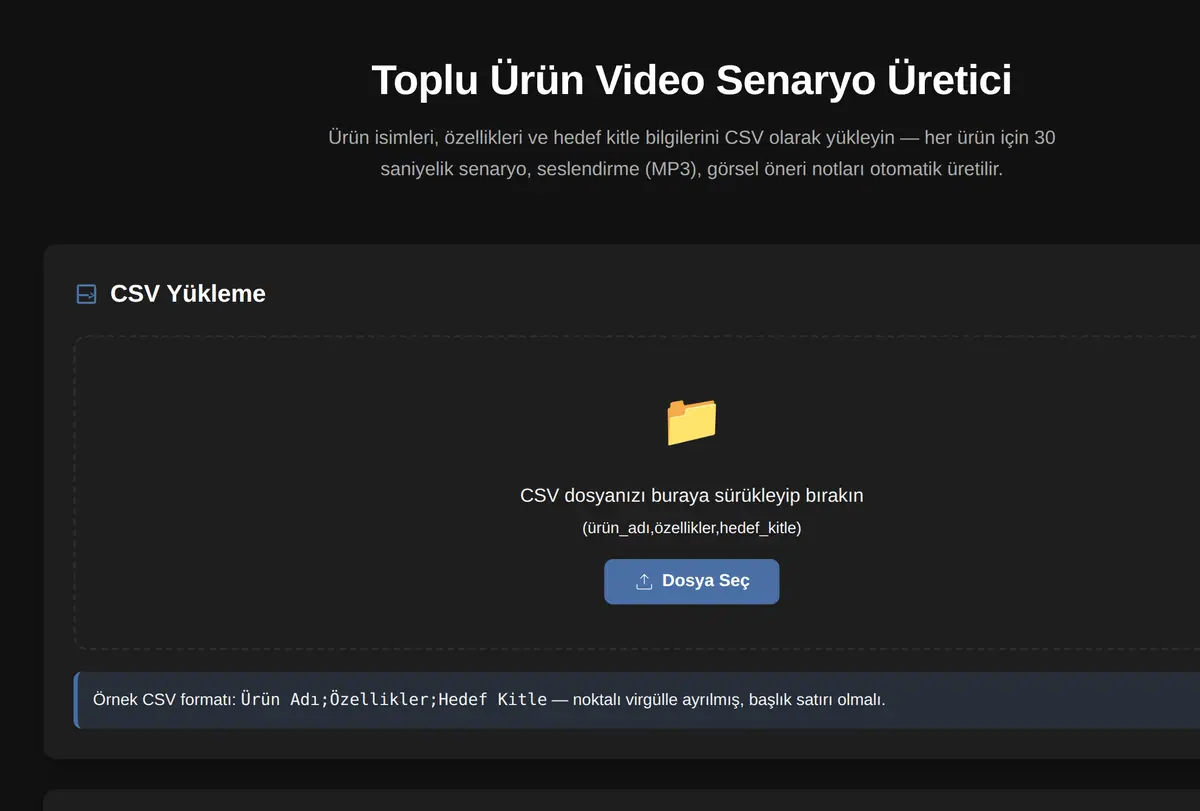 Toplu Ürün Video Senaryo Üretici ekran görüntüsü