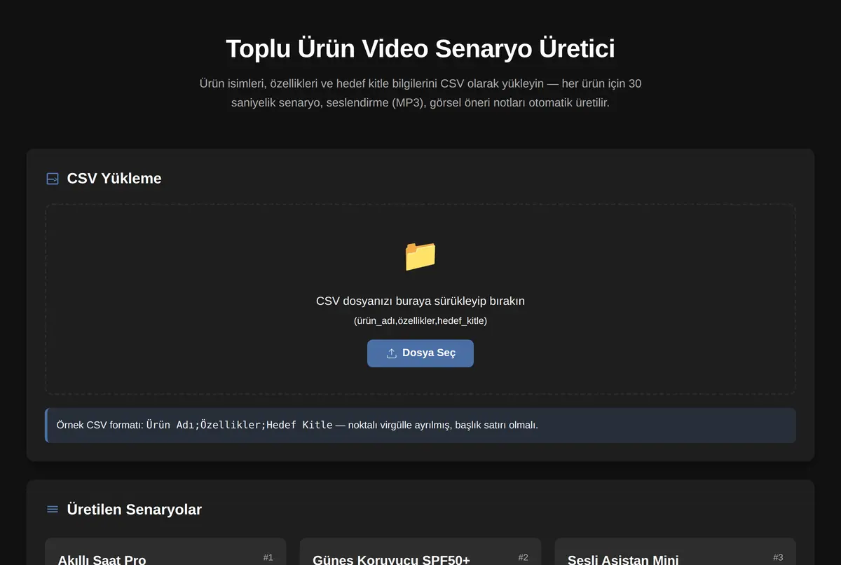 Toplu Ürün Video Senaryo Üretici ekran görüntüsü 2