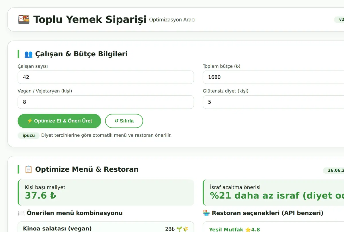 Toplu Yemek Siparişi Optimizasyon Aracı ekran görüntüsü