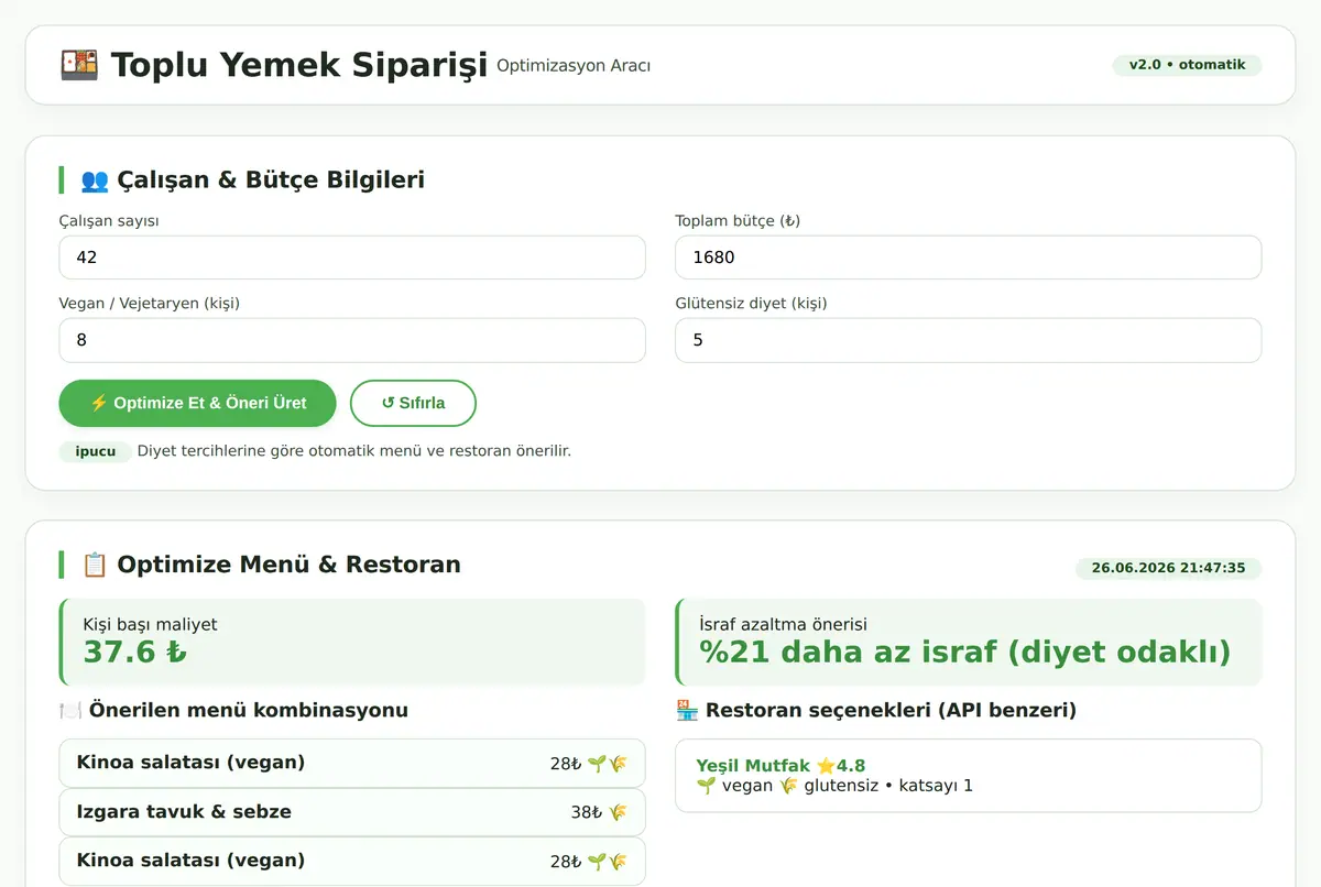 Toplu Yemek Siparişi Optimizasyon Aracı ekran görüntüsü 2