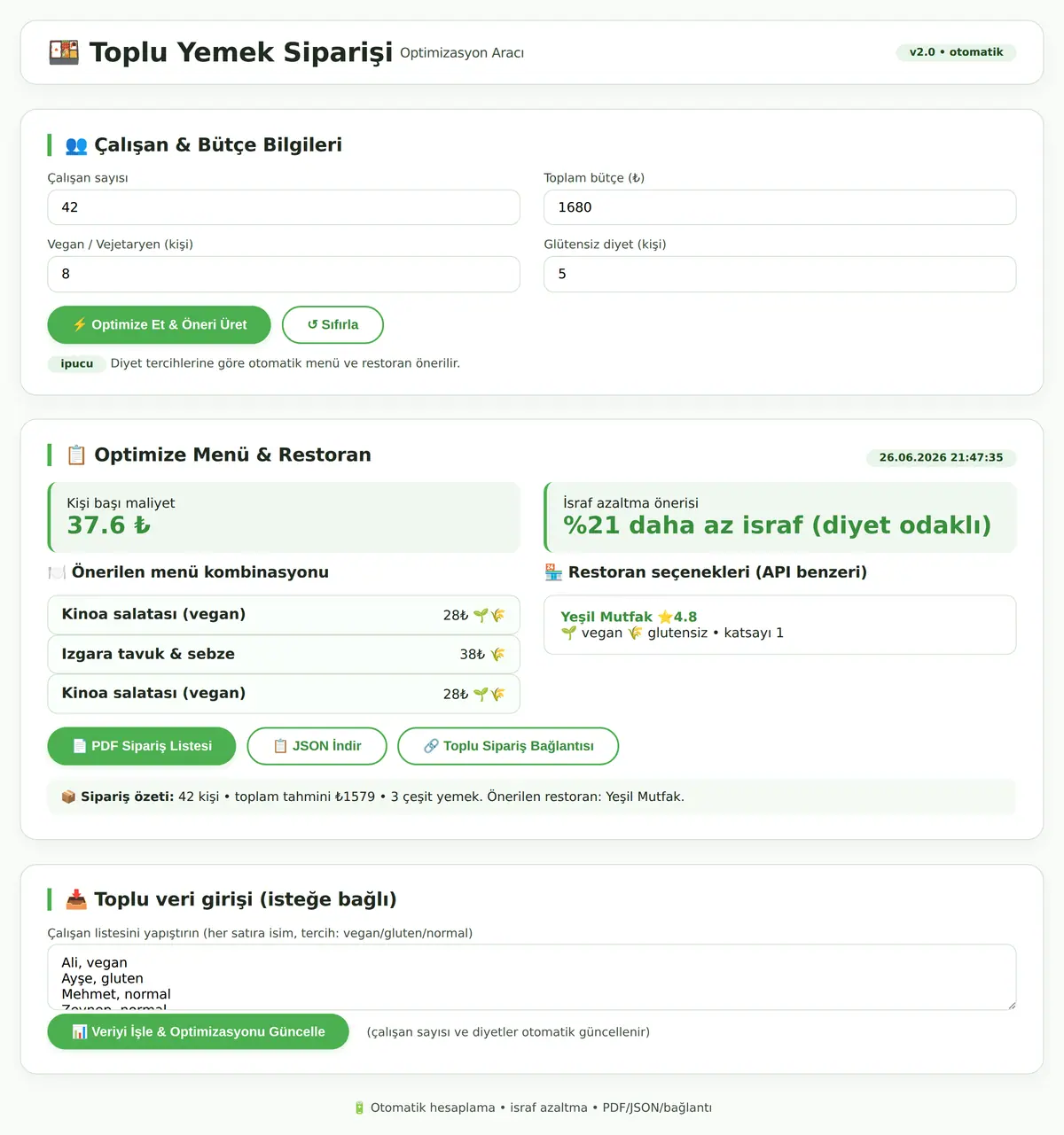 Toplu Yemek Siparişi Optimizasyon Aracı ekran görüntüsü 3