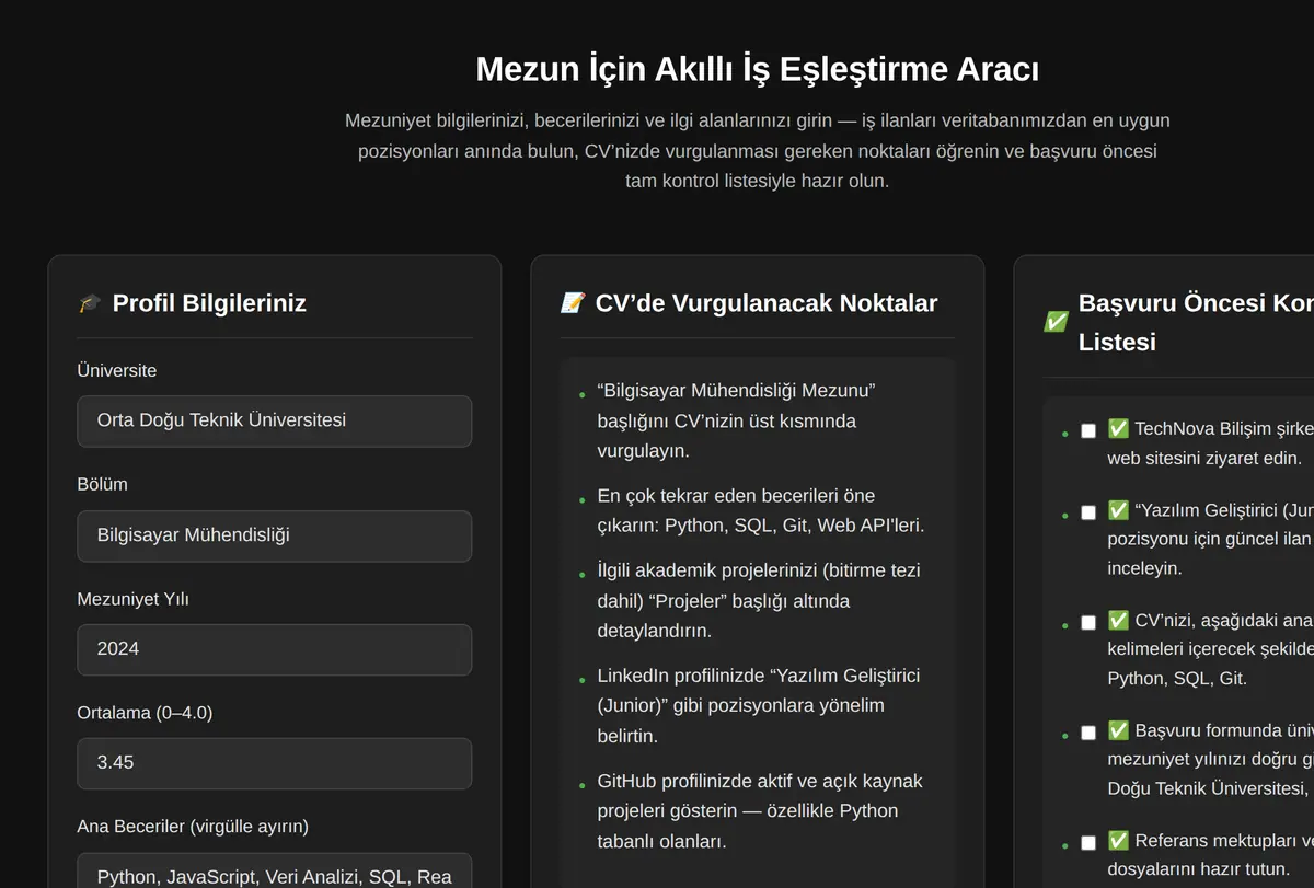 Mezun İçin Akıllı İş Eşleştirme Aracı ekran görüntüsü
