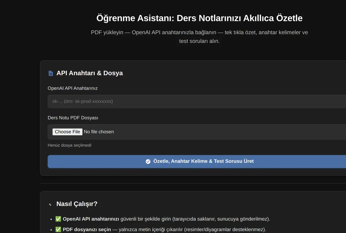Öğrenme Asistanı: Ders Notlarınızı Akıllıca Özetle ekran görüntüsü