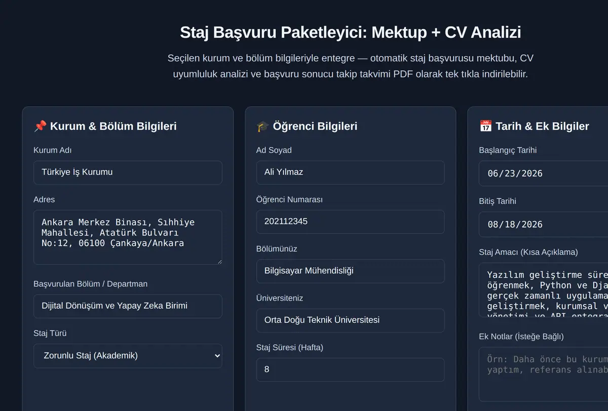 Staj Başvuru Paketleyici: Mektup + CV Analizi ekran görüntüsü