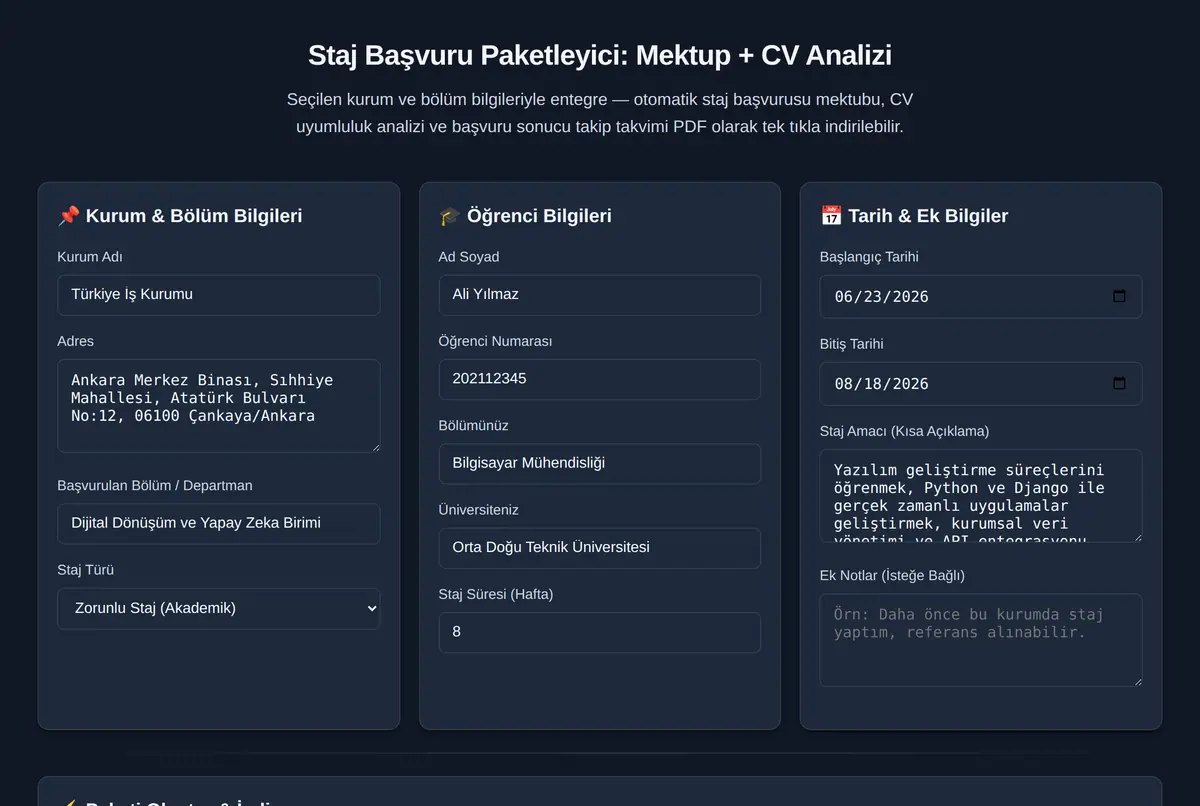 Staj Başvuru Paketleyici: Mektup + CV Analizi ekran görüntüsü 2