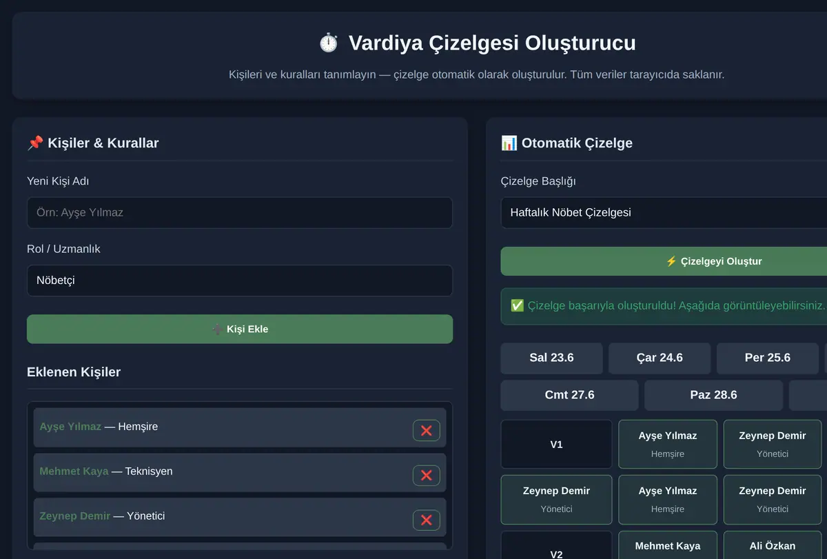 Vardiya Çizelgesi Oluşturucu ekran görüntüsü