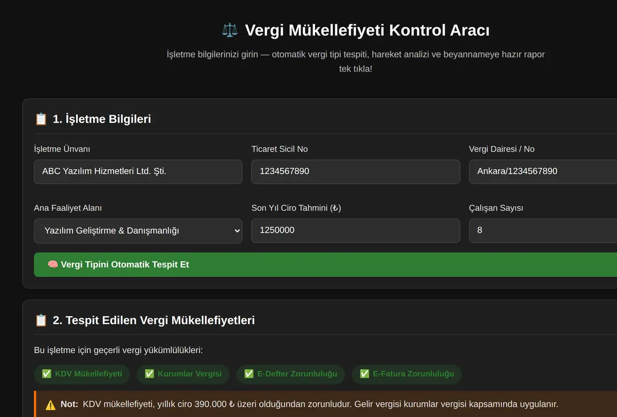 Vergi Mükellefiyeti Kontrol Aracı ekran görüntüsü