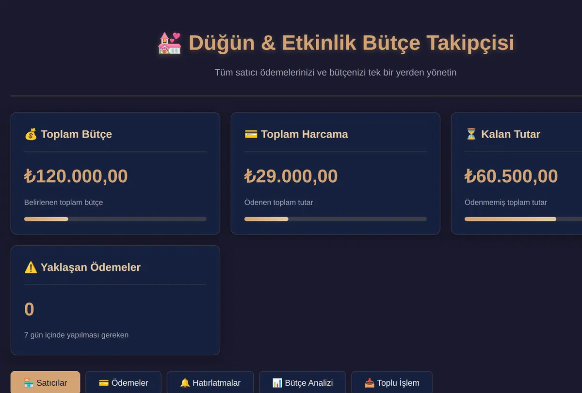 Düğün & Etkinlik Bütçe Takipçisi ve Satıcı Hatıralatıcı ekran görüntüsü