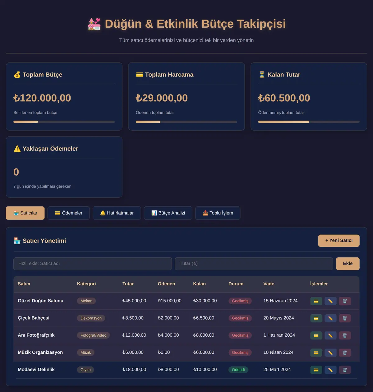 Düğün & Etkinlik Bütçe Takipçisi ve Satıcı Hatıralatıcı ekran görüntüsü 3