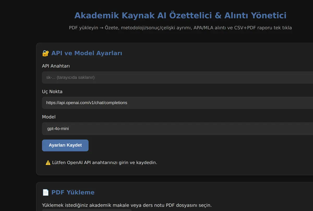 Akademik Kaynak AI Özettelici & Alıntı Yönetici ekran görüntüsü