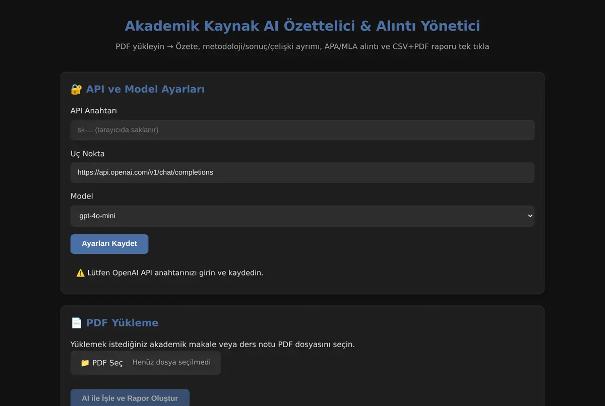 Akademik Kaynak AI Özettelici & Alıntı Yönetici ekran görüntüsü 2