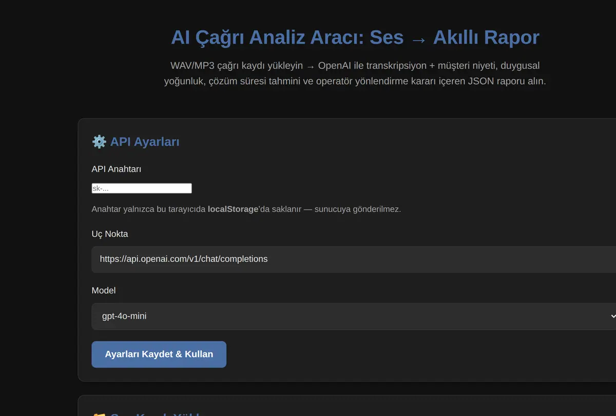 AI Çağrı Analiz Aracı: Ses → Akıllı Rapor ekran görüntüsü