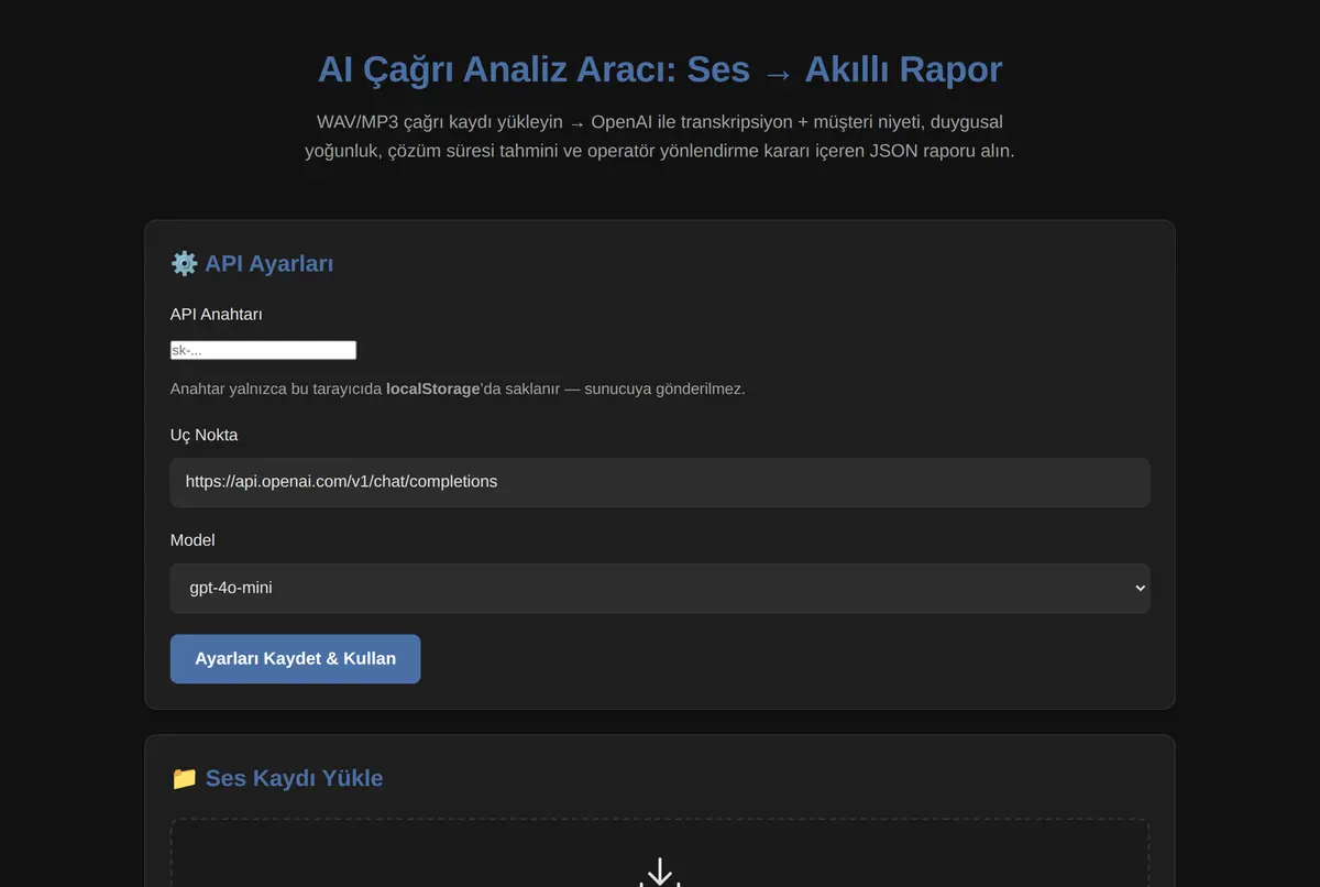 AI Çağrı Analiz Aracı: Ses → Akıllı Rapor ekran görüntüsü 2