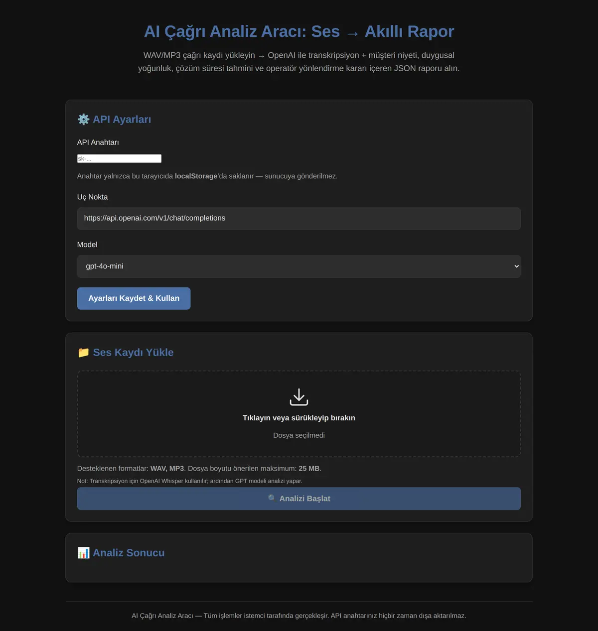 AI Çağrı Analiz Aracı: Ses → Akıllı Rapor ekran görüntüsü 3