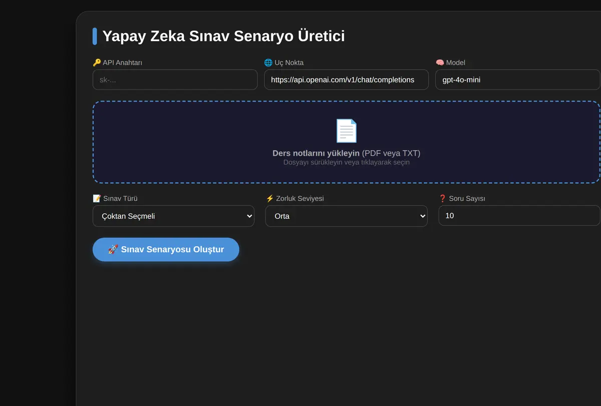 Yapay Zeka Sınav Senaryo Üretici ekran görüntüsü