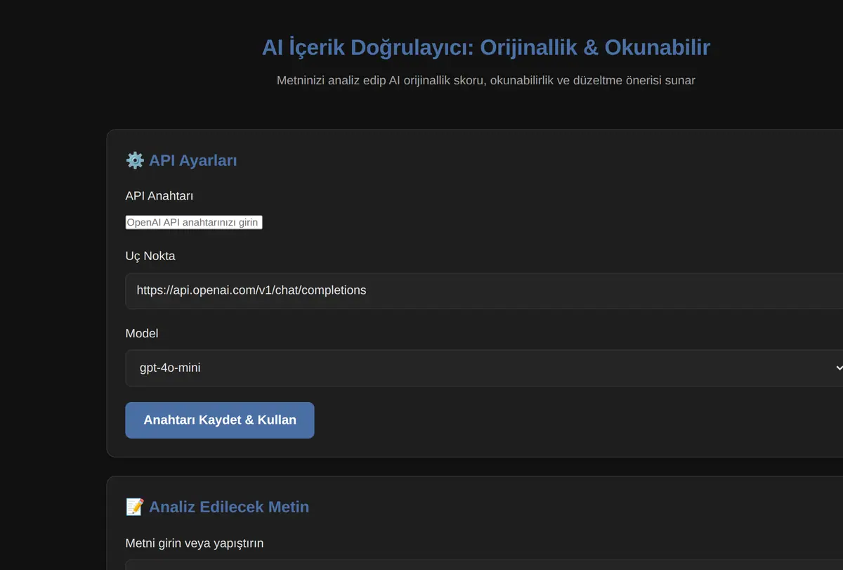 AI İçerik Doğrulayıcı: Orijinallik & Okunabilir ekran görüntüsü