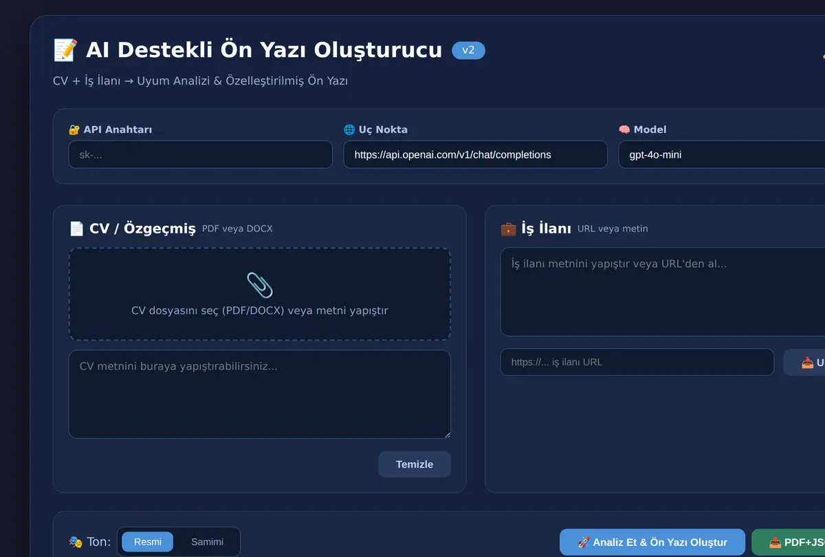 AI Destekli Ön Yazı Oluşturucu & CV Uyum Analiz ekran görüntüsü