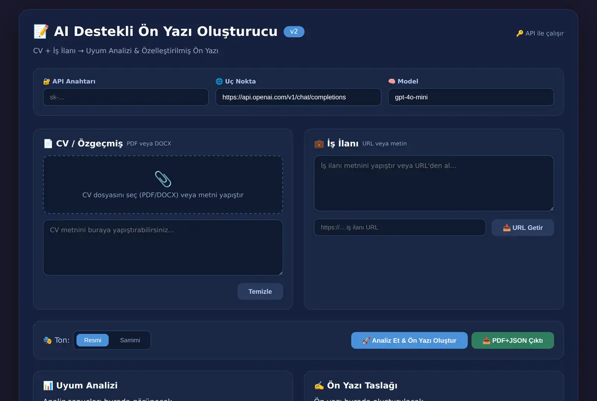 AI Destekli Ön Yazı Oluşturucu & CV Uyum Analiz ekran görüntüsü 2