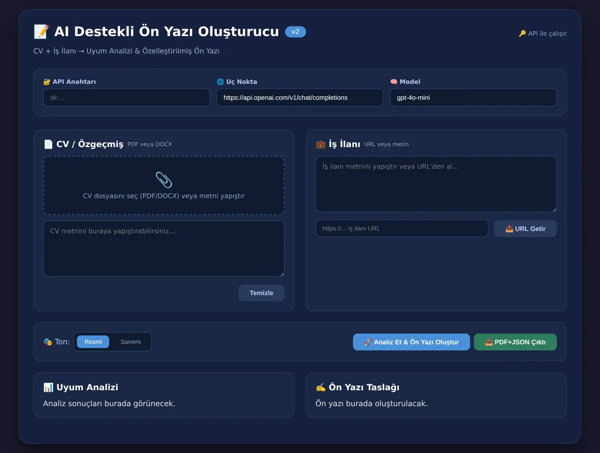 AI Destekli Ön Yazı Oluşturucu & CV Uyum Analiz ekran görüntüsü 3