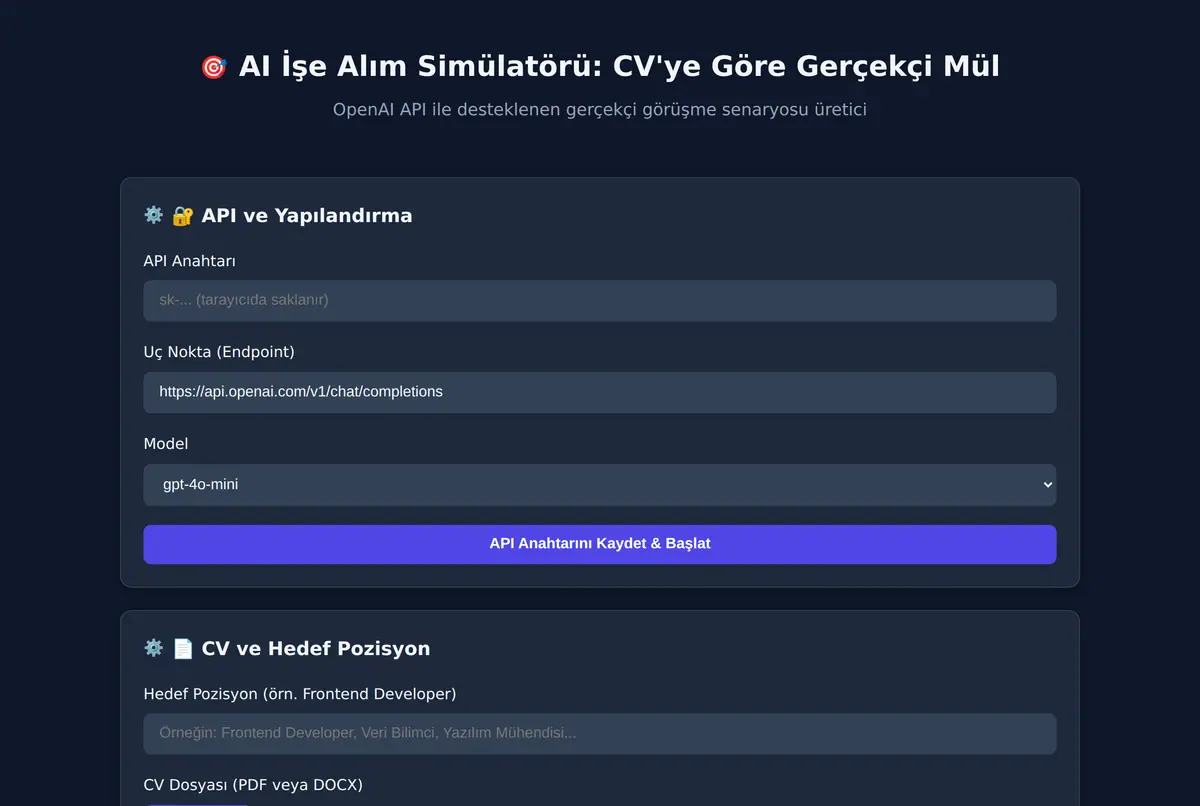 AI İşe Alım Simülatörü: CV'ye Göre Gerçekçi Mül ekran görüntüsü 2