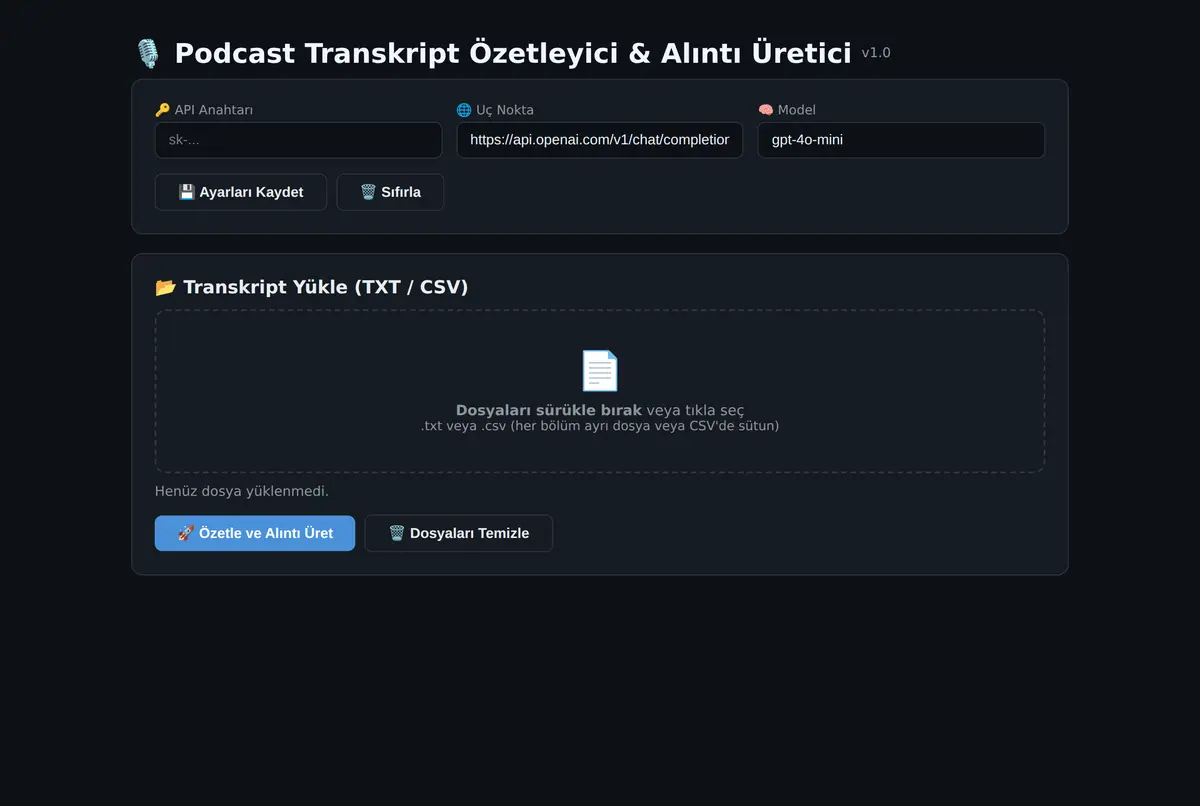 Podcast Transkript Özetleyici & Alıntı Üretici ekran görüntüsü 2
