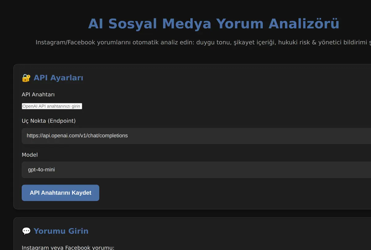 AI Sosyal Medya Yorum Analizörü ekran görüntüsü