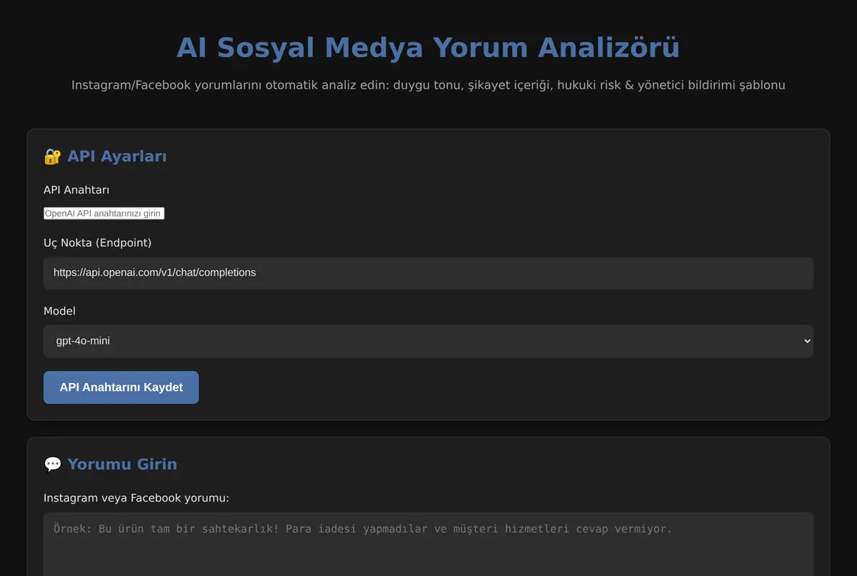 AI Sosyal Medya Yorum Analizörü ekran görüntüsü 2