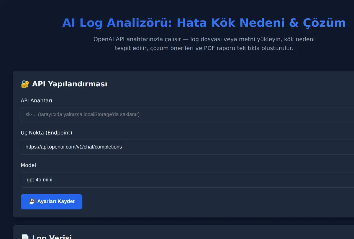 AI Log Analizörü: Hata Kök Nedeni & Çözüm ekran görüntüsü