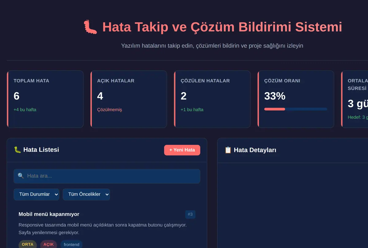 Hata Takip ve Çözüm Bildirimi Sistemi ekran görüntüsü