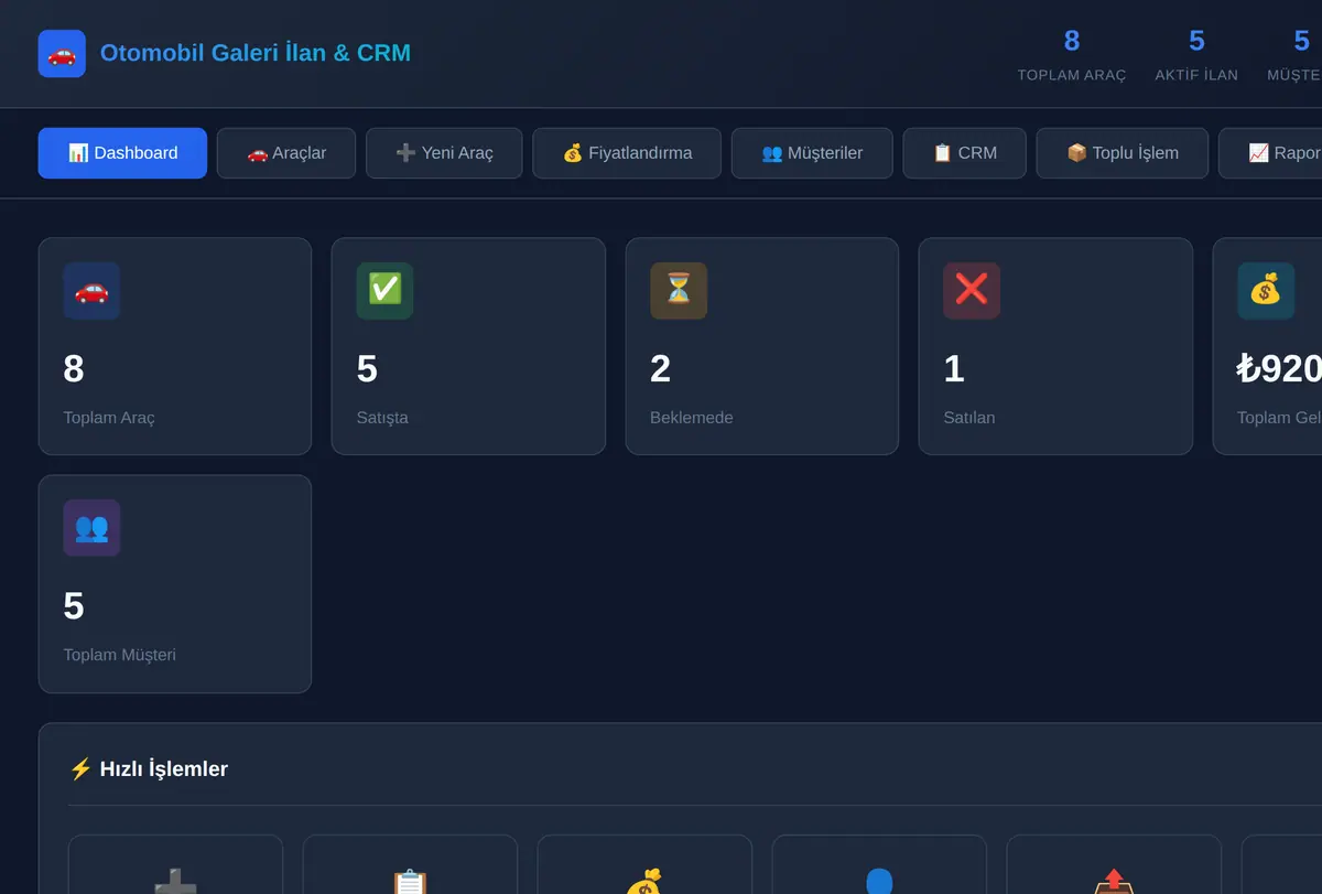 Otomobil Galeri İlan & CRM Otomasyon Aracı ekran görüntüsü