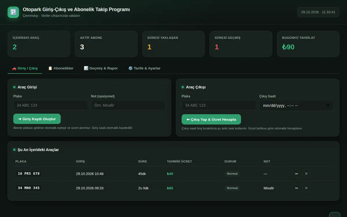 Otopark Giriş-Çıkış ve Abonelik Takip Programı ekran görüntüsü