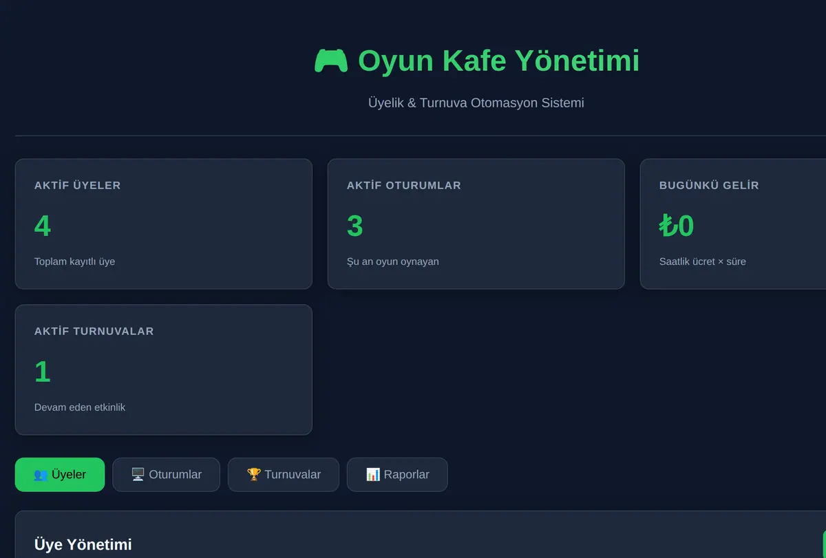 Oyun Kafe Yönetimi: Üyelik & Turnuva Otomasyonu ekran görüntüsü