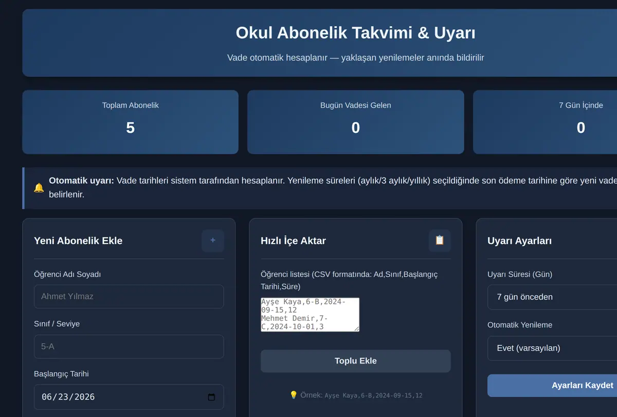Okul Abonelik Takvimi & Uyarı ekran görüntüsü