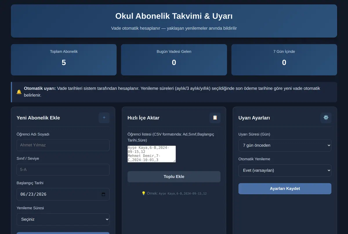 Okul Abonelik Takvimi & Uyarı ekran görüntüsü 2
