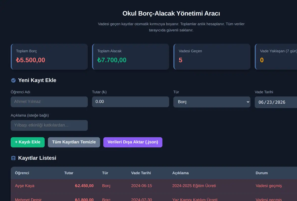 Okul Borç-Alacak Yönetimi Aracı ekran görüntüsü