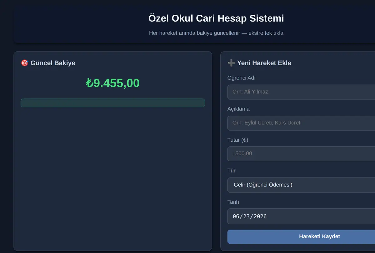 Özel Okul Cari Hesap Sistemi ekran görüntüsü