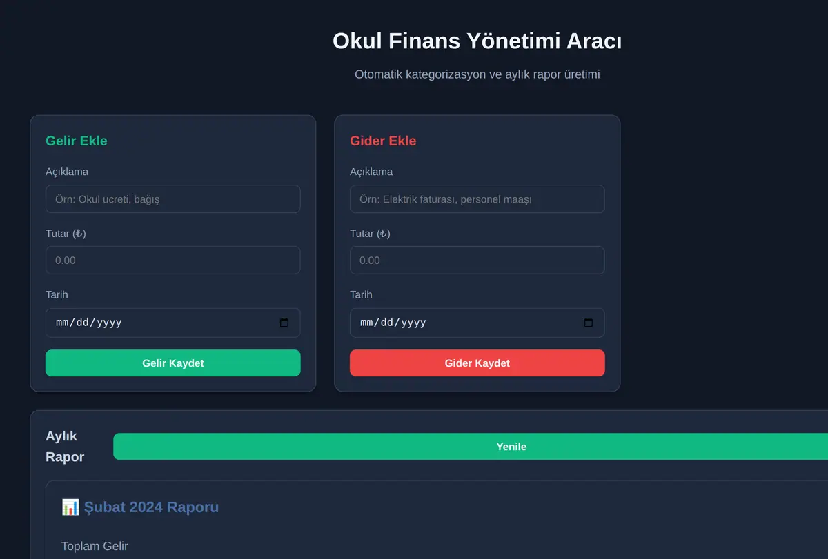 Okul Finans Yönetimi Aracı ekran görüntüsü