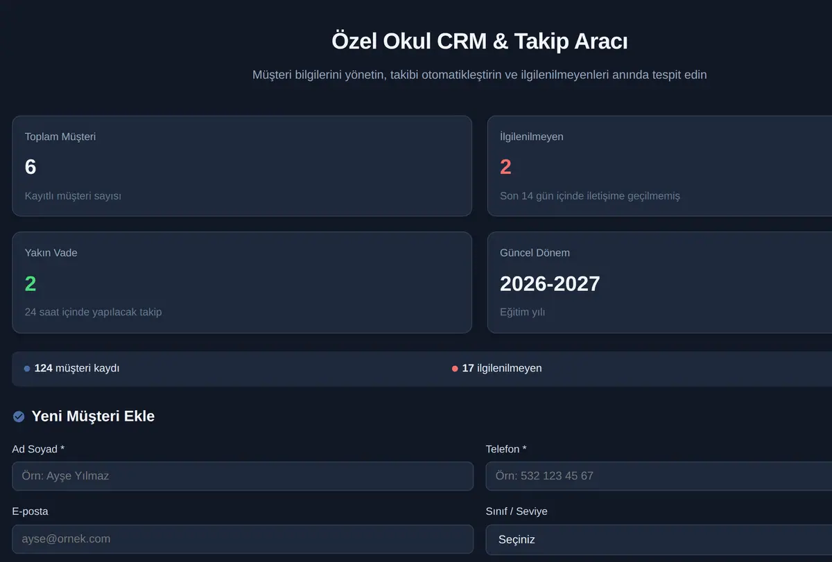 Özel Okul CRM & Takip Aracı ekran görüntüsü
